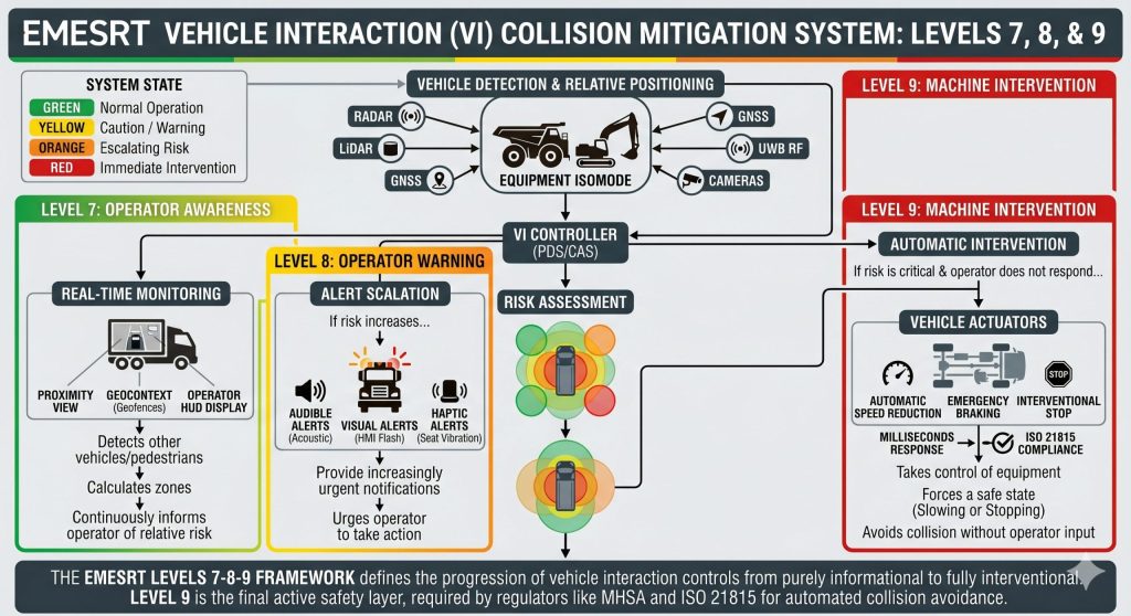 EMESRT Level 7 Level 8 and Level 9 mining collision prevention system comparison diagram showing alert advisory and intervention stages