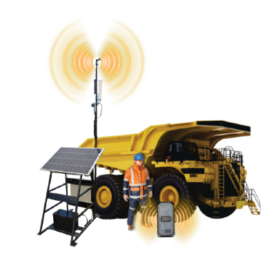 Missing person locator system diagram showing GNSS GPS and RF beacon tracking architecture for surface mining operations